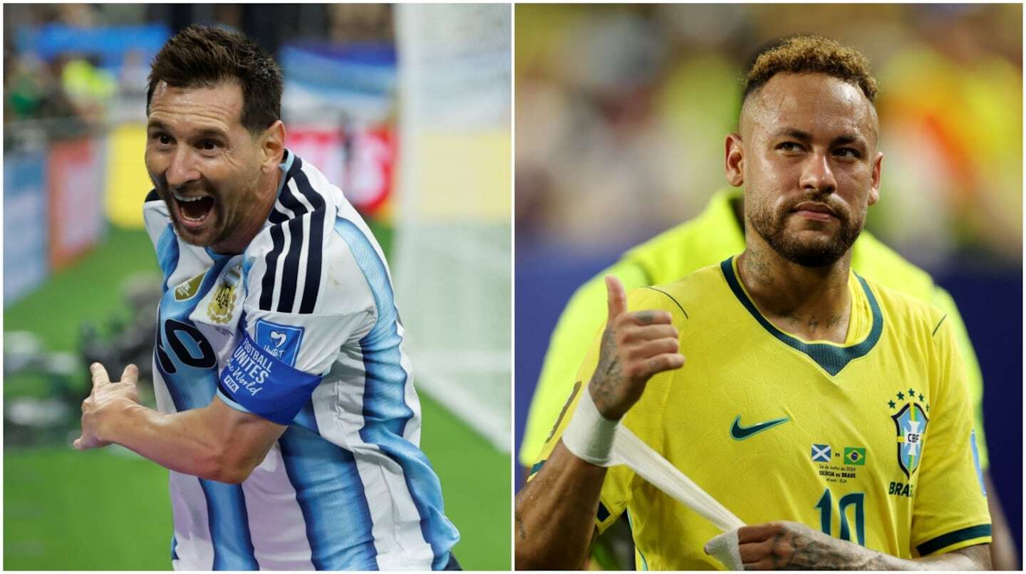 Lionel Messi celebrando un gol y Neymar mostrando un pulgar arriba en un partido de fútbol