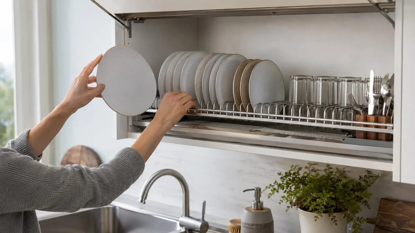 Mujer colocando platos en un escurridor oculto en la cocina