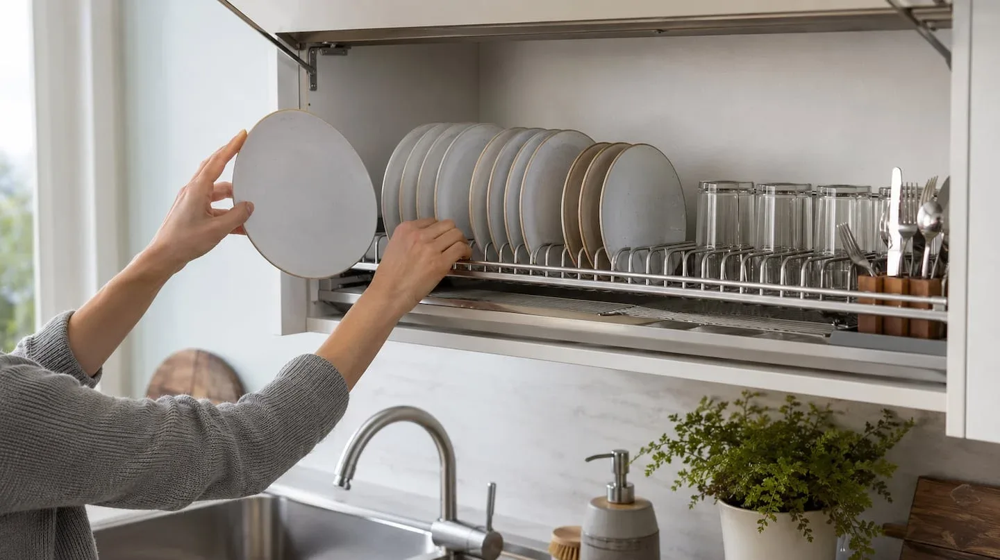 Mujer colocando platos en un escurridor oculto en la cocina
