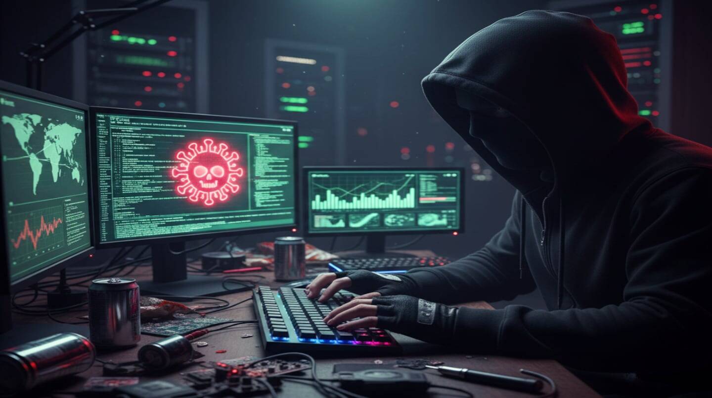 Hacker trabajando en un entorno oscuro con múltiples pantallas que muestran gráficos y símbolos de peligro