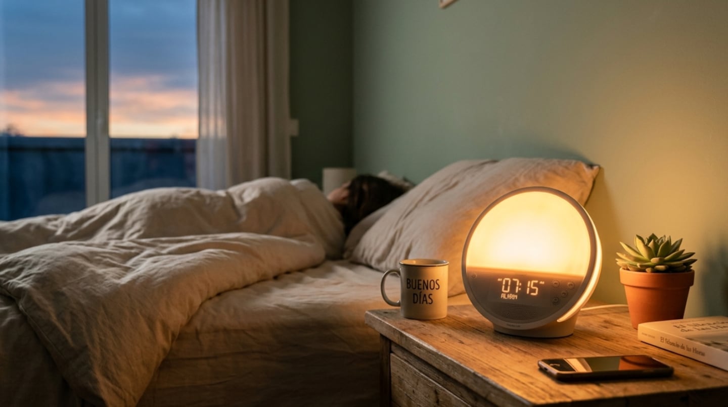 Despertador que simula el amanecer en una habitación con una persona durmiendo
