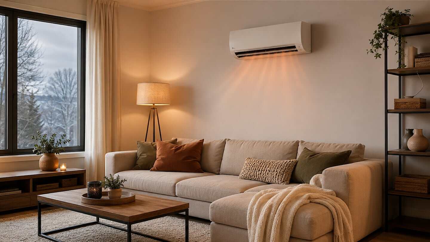 Sala de estar moderna con aire acondicionado, sofá y decoración acogedora