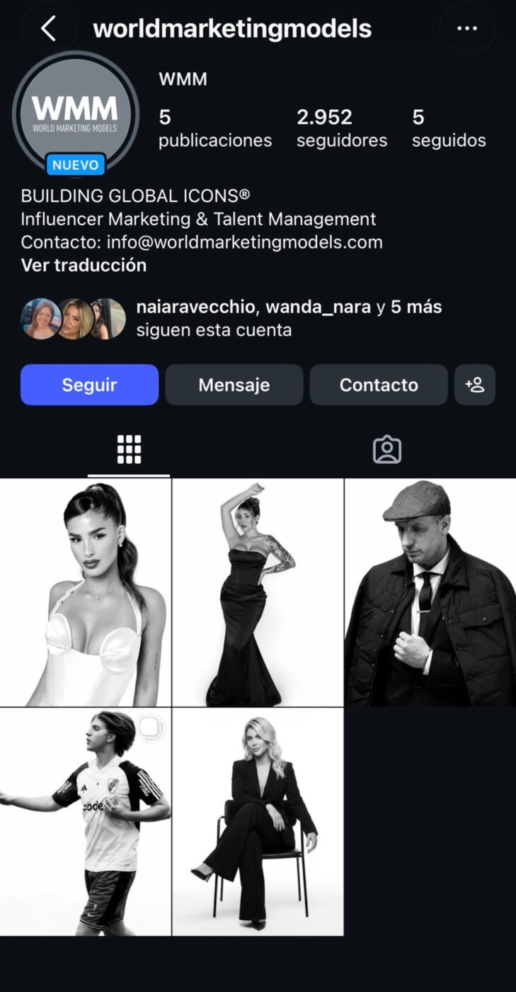 Captura de pantalla de un perfil de Instagram con varias imágenes de modelos y un logo de agencia