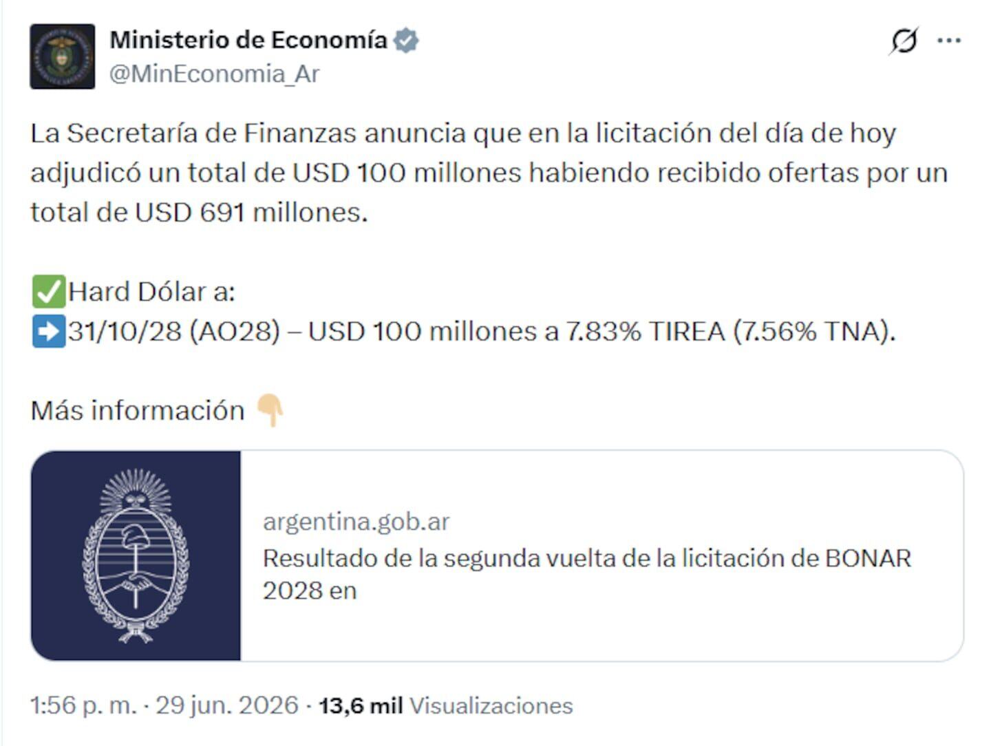 Anuncio del Ministerio de Economía sobre la licitación de deuda en Argentina