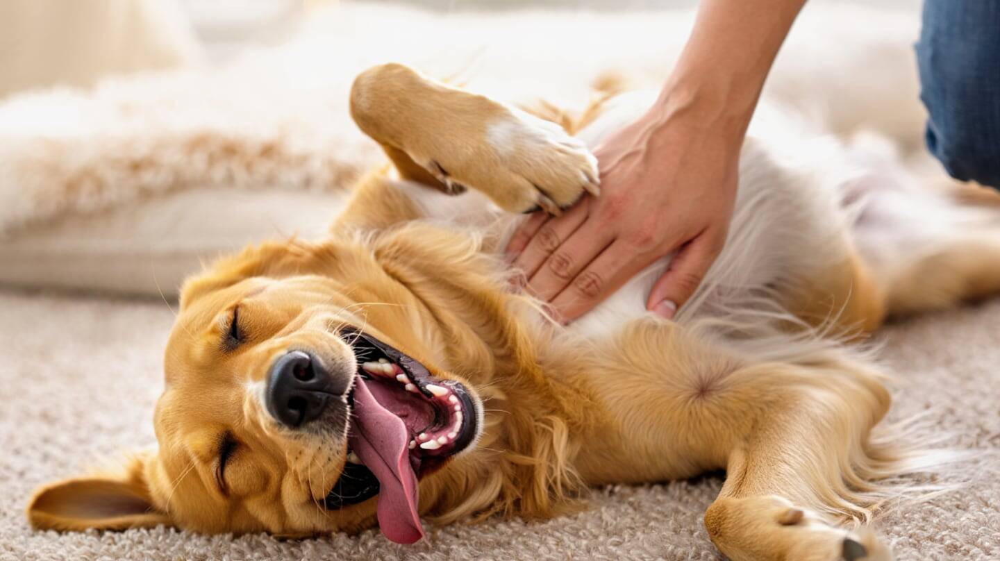 Perro dorado recibiendo caricias en una alfombra