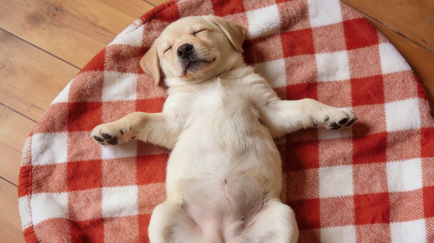 Cachorro de perro durmiendo sobre una manta de cuadros rojos y blancos