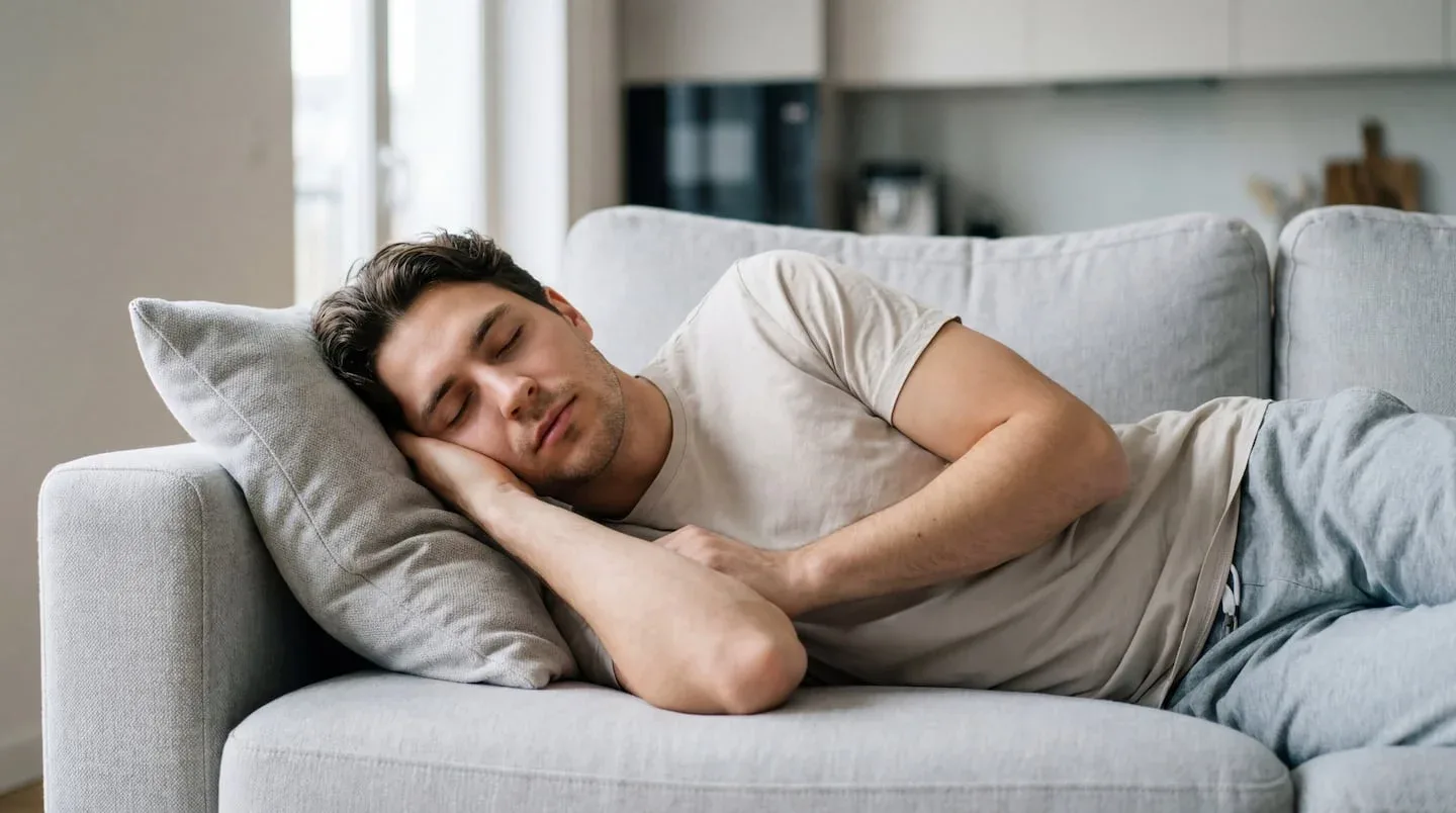 Hombre durmiendo en un sofá durante el Mundial de fútbol