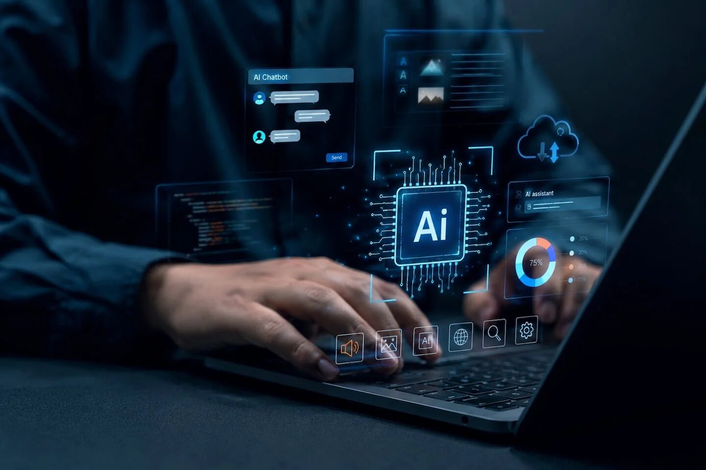 Persona utilizando un ordenador portátil con gráficos de inteligencia artificial en la pantalla