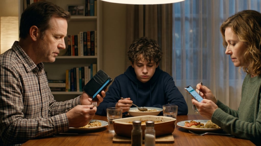 Adolescente conversando con sus padres sin distracciones tecnológicas