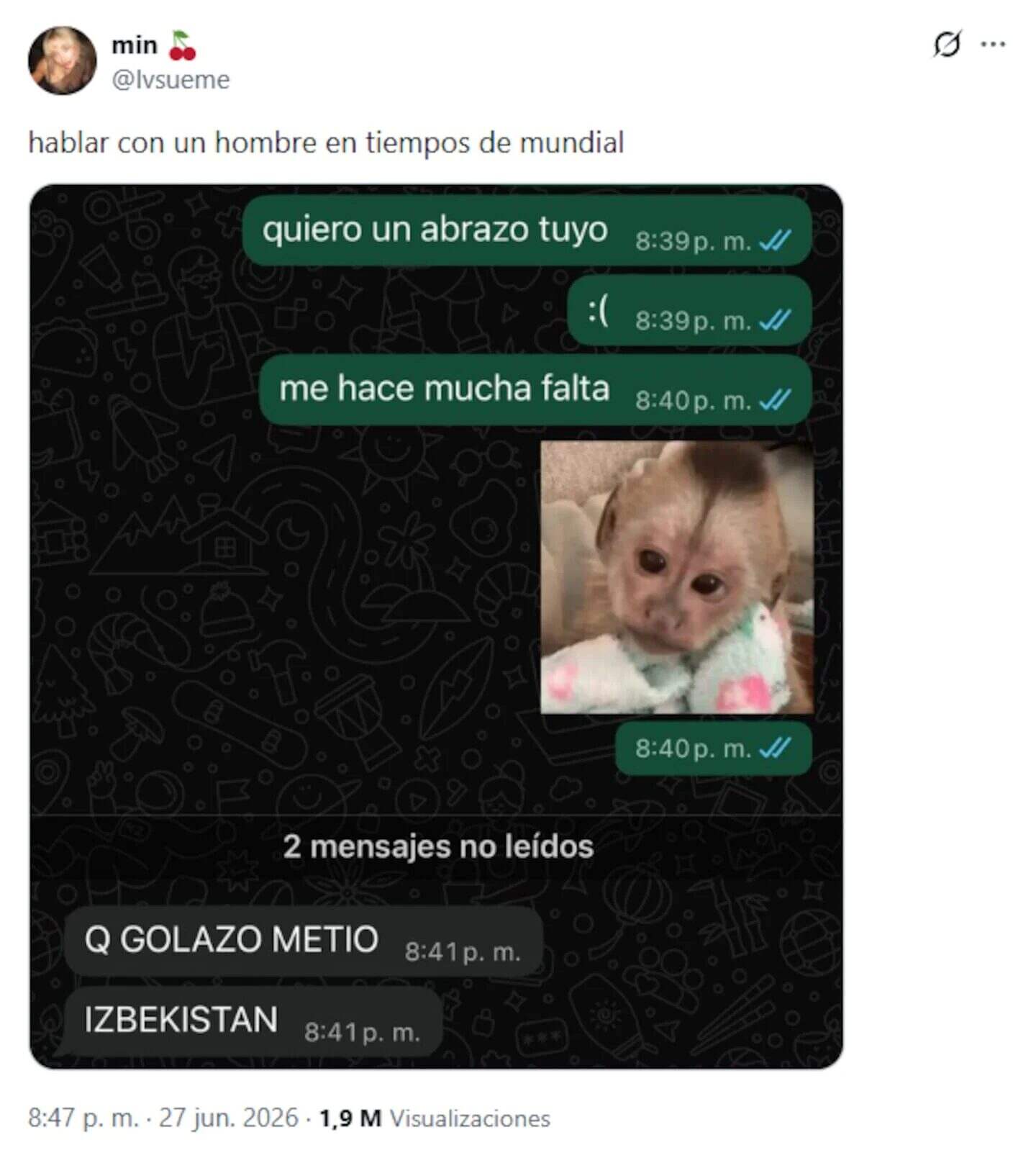 Captura de pantalla de una conversación de WhatsApp durante el Mundial 2026