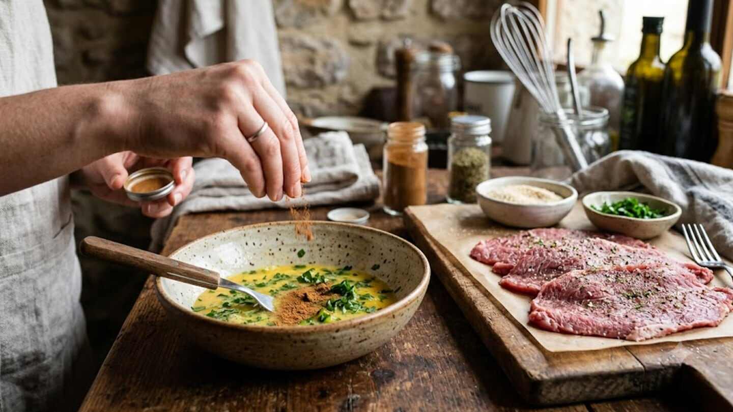 Cocinera añadiendo canela a una mezcla de huevo y espinacas para milanesas