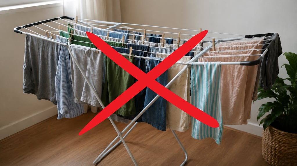 Secador de ropa vertical en uso durante un día lluvioso