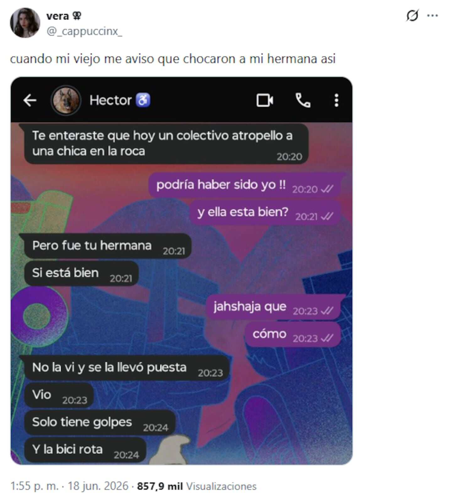 Captura de pantalla de una conversación de WhatsApp sobre un atropello