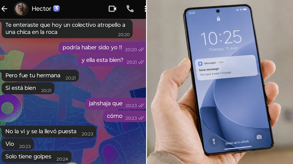 Captura de pantalla de un mensaje de WhatsApp sobre un atropello y una notificación en un teléfono móvil