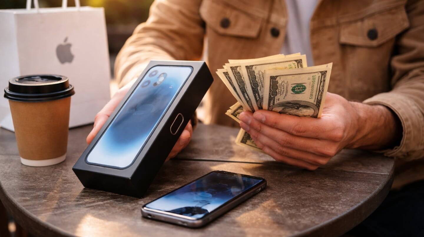 Persona sosteniendo un iPhone en su caja junto a billetes de dólar y un smartphone en una mesa