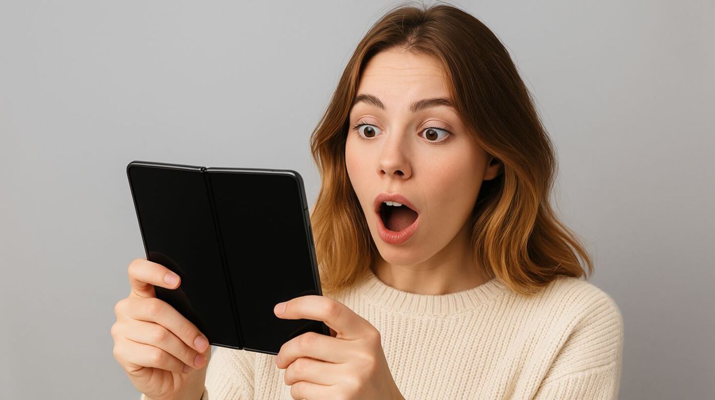 Mujer sorprendida sosteniendo un smartphone plegable