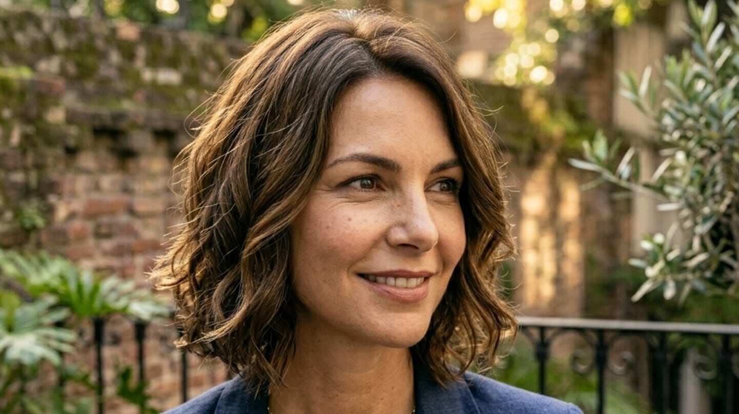 Mujer con corte de pelo long bob sonriente en un entorno natural