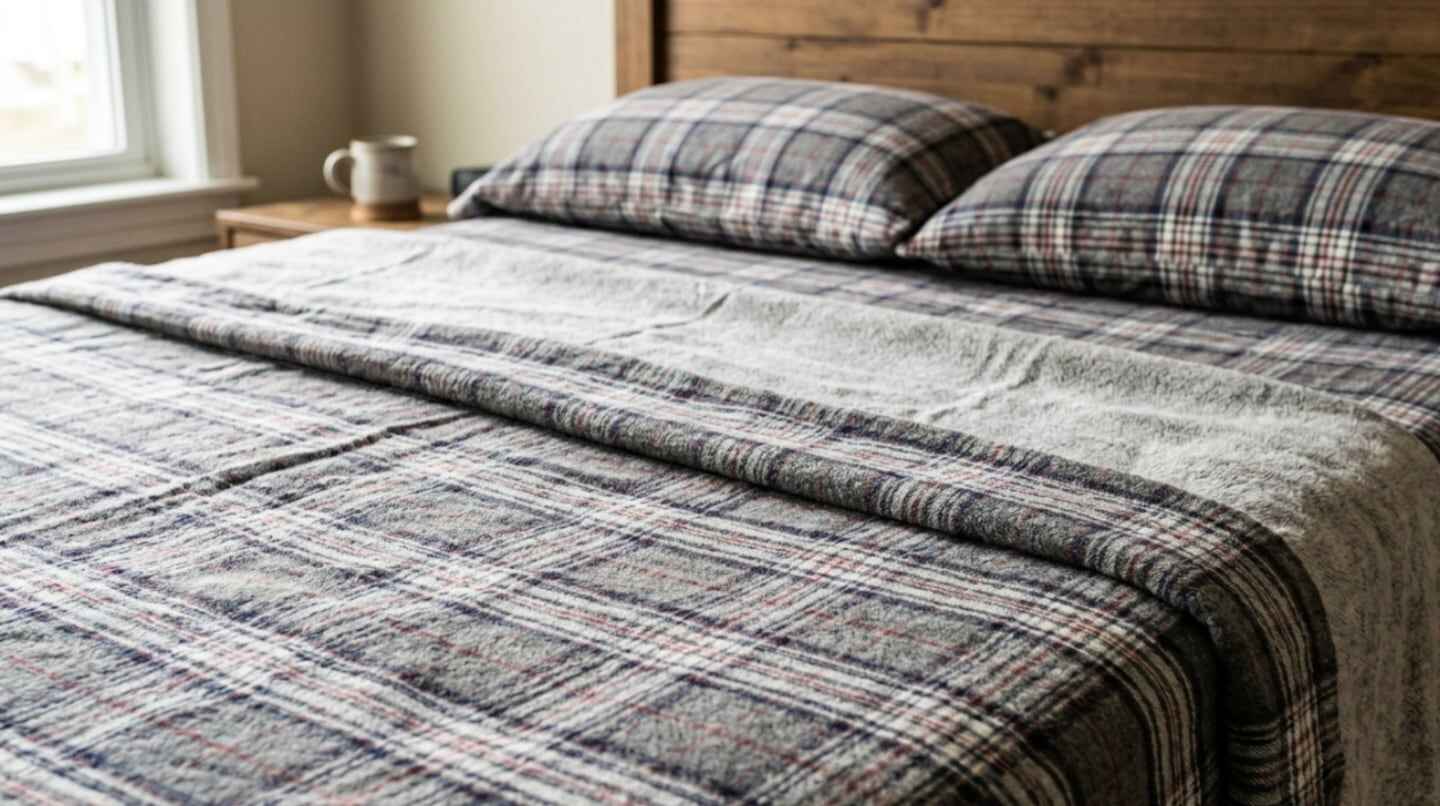 Sábanas de franela en una cama con almohadas a rayas