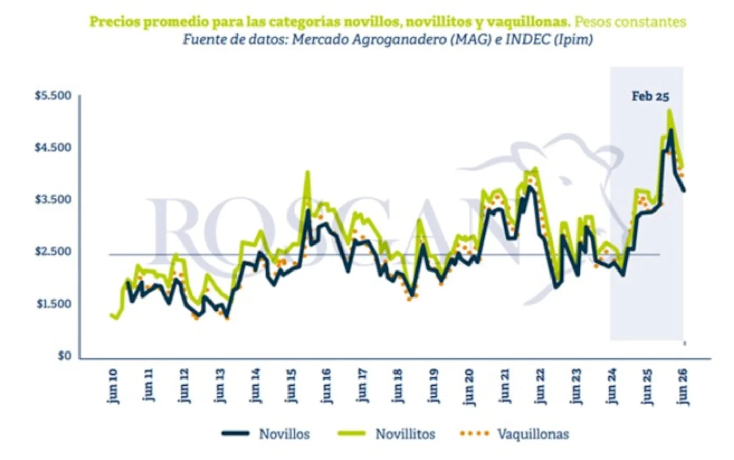 Gráfico de precios promedio de carne en Argentina para novillos, novillitos y vaquillonas desde junio de 2010 hasta febrero de 2025