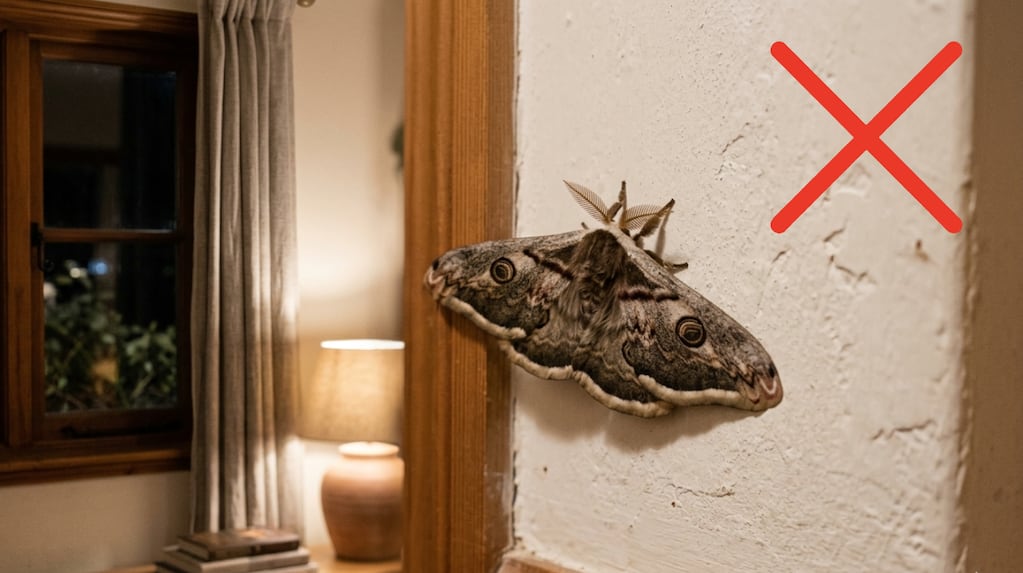 Polilla grande en la pared de un hogar con una señal de prohibición