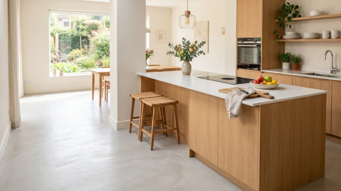 Cocina moderna con revestimiento de microcemento y muebles de madera
