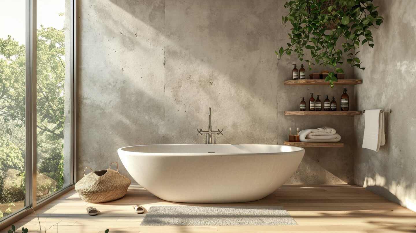 Baño moderno con microcemento, bañera blanca y estanterías de madera