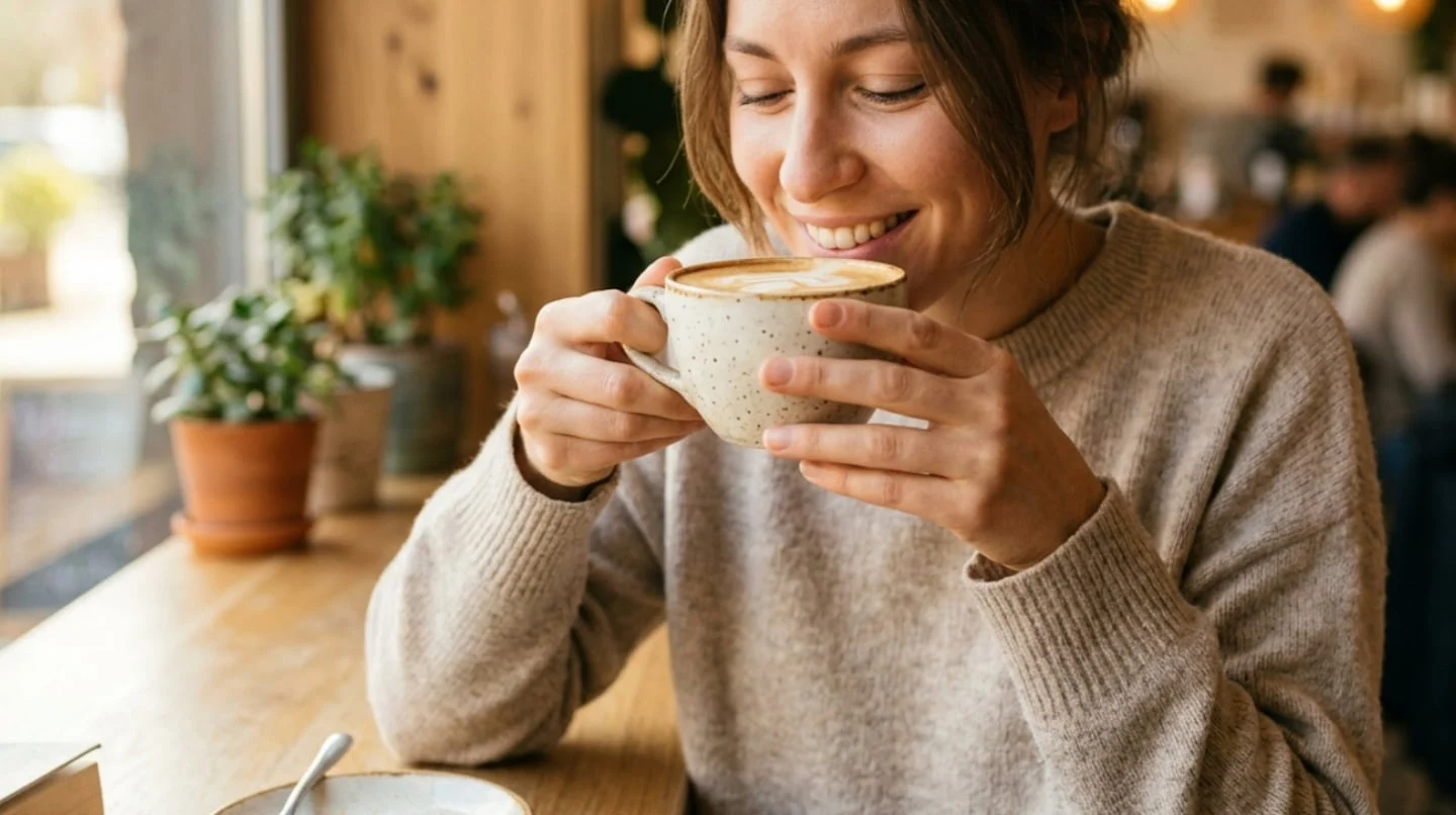 Mujer sonriente disfrutando de una taza de café en un ambiente acogedor