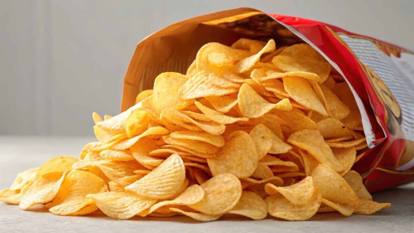 Bolsa de papas fritas derramada sobre una superficie