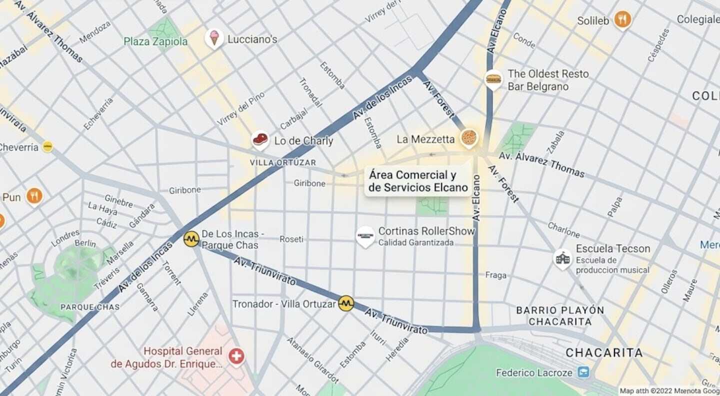 Mapa del nuevo corredor inmobiliario en Buenos Aires, destacando el área comercial de Elcano y las zonas de Villa Ortúzar y Chacarita