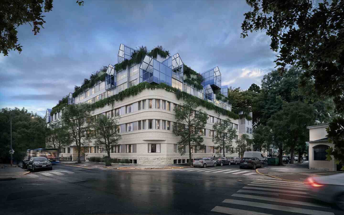 Edificio moderno en el nuevo corredor residencial de Buenos Aires con vegetación en la azotea