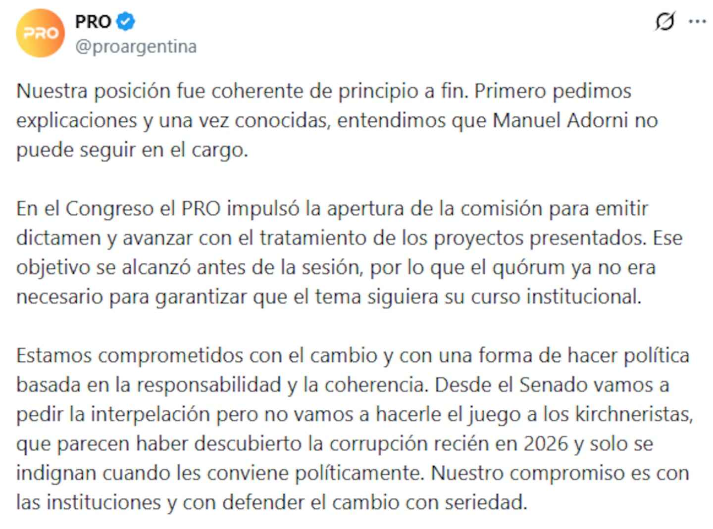Tweet del PRO sobre la interpelación de Manuel Adorni en la Cámara de Diputados