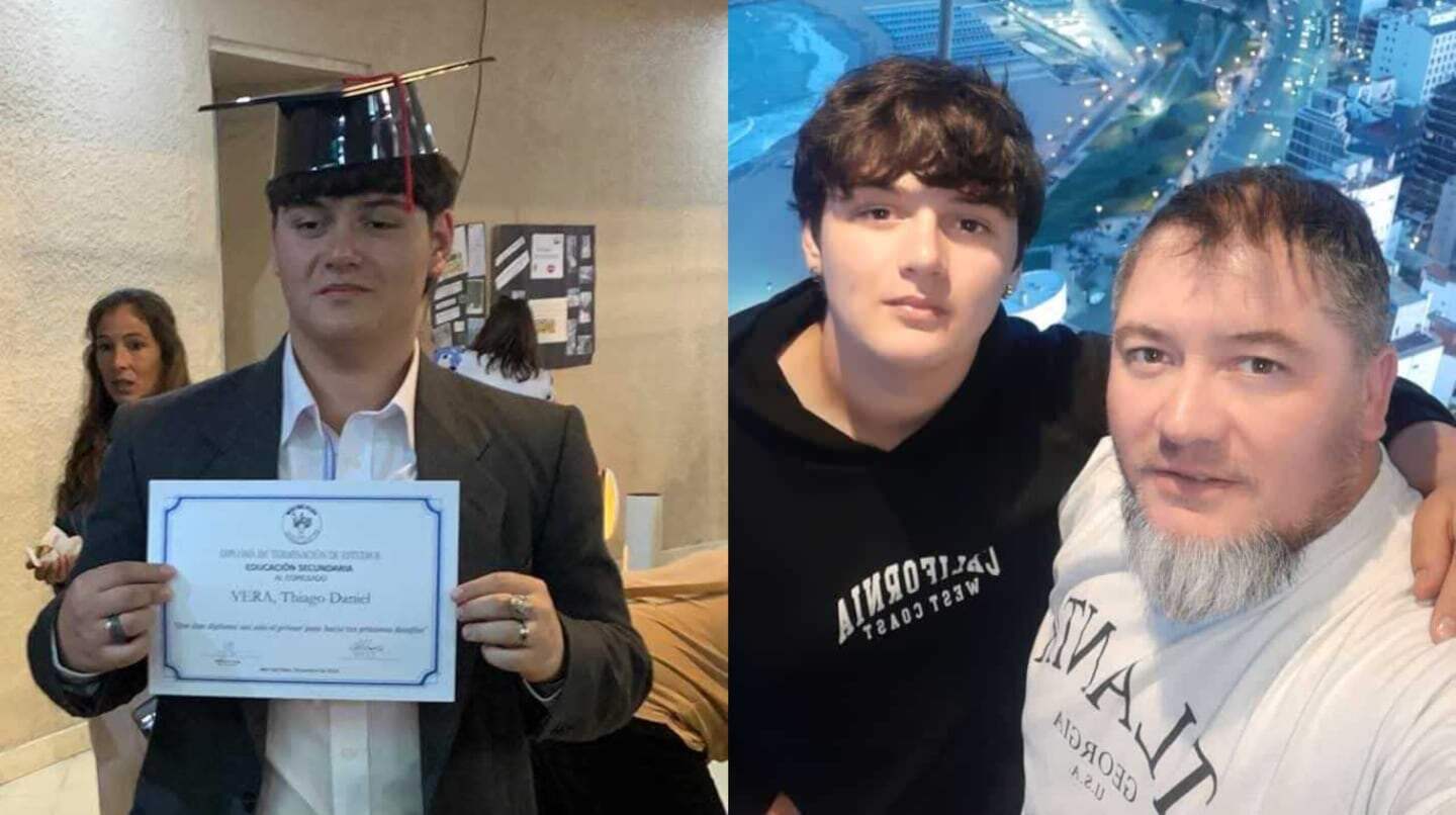 Thiago Vera, joven graduado, junto a su padre Diego Vera en Mar del Plata