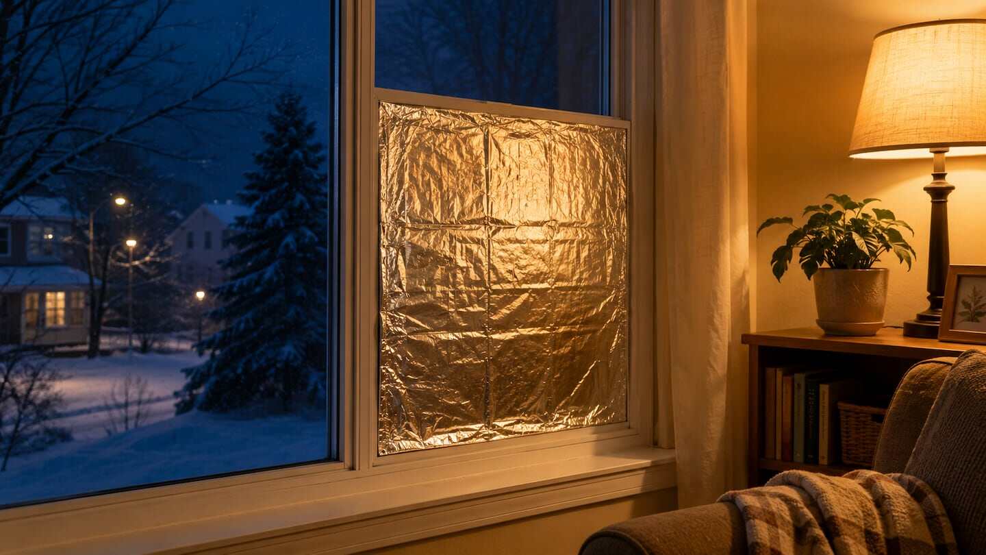 Ventana con papel aluminio como aislamiento contra el frío en invierno