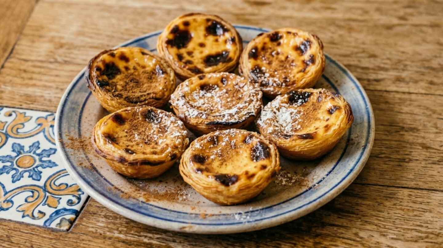 Siete pasteles de Belém en un plato sobre una mesa de madera