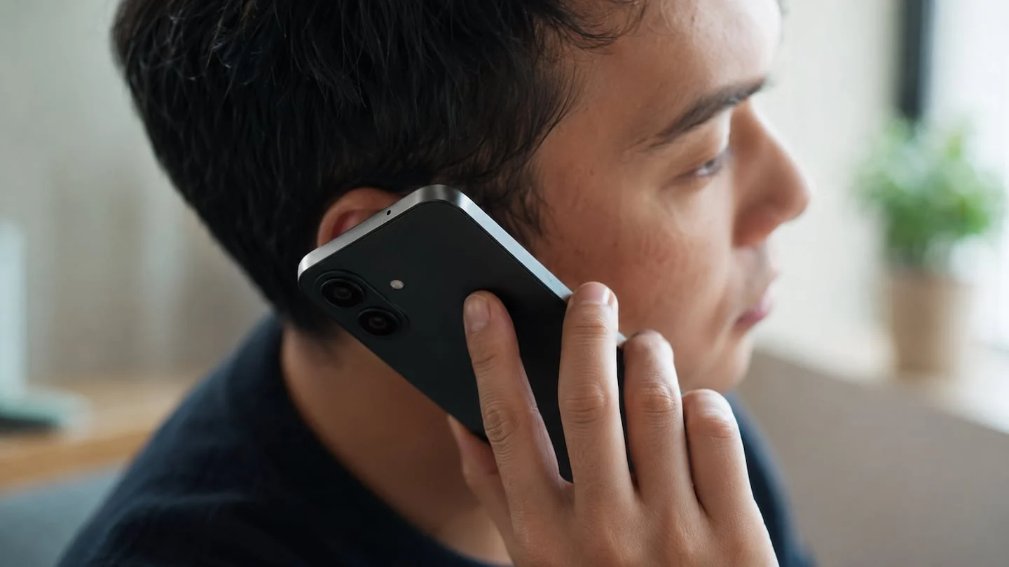 Hombre hablando por teléfono móvil con el micrófono secundario visible en la parte superior del dispositivo