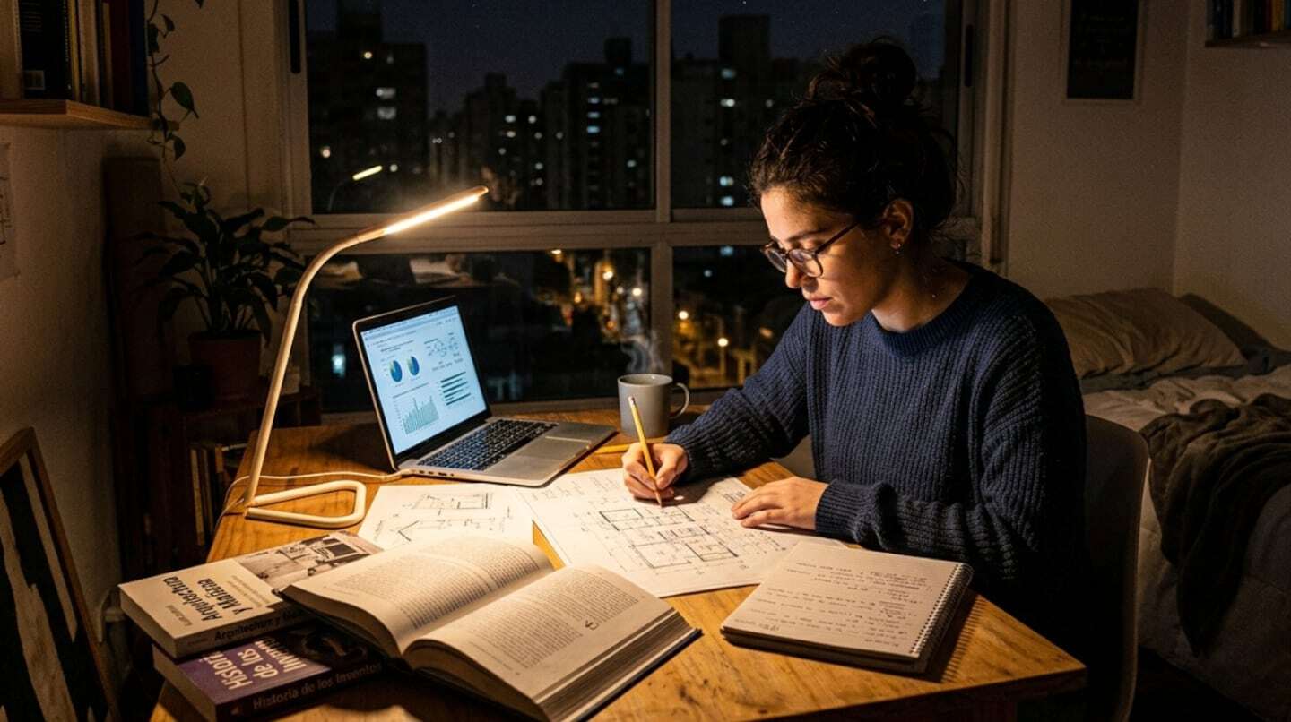 Mujer estudiando en un escritorio iluminado por una lámpara en un ambiente nocturno