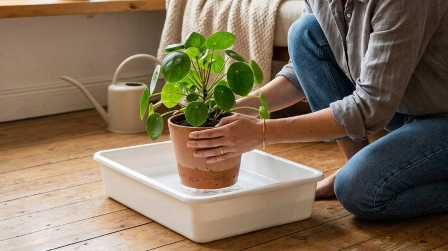 Persona regando una planta de interior mediante riego por inmersión en un recipiente blanco