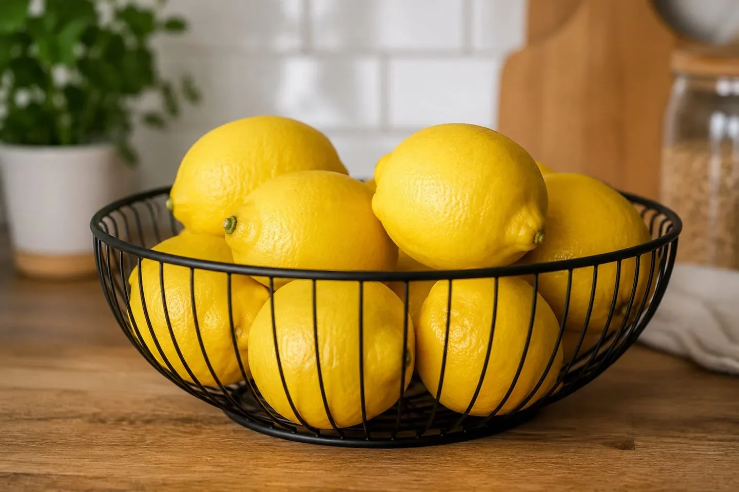 Un tazón de malla con limones amarillos sobre una mesa de madera