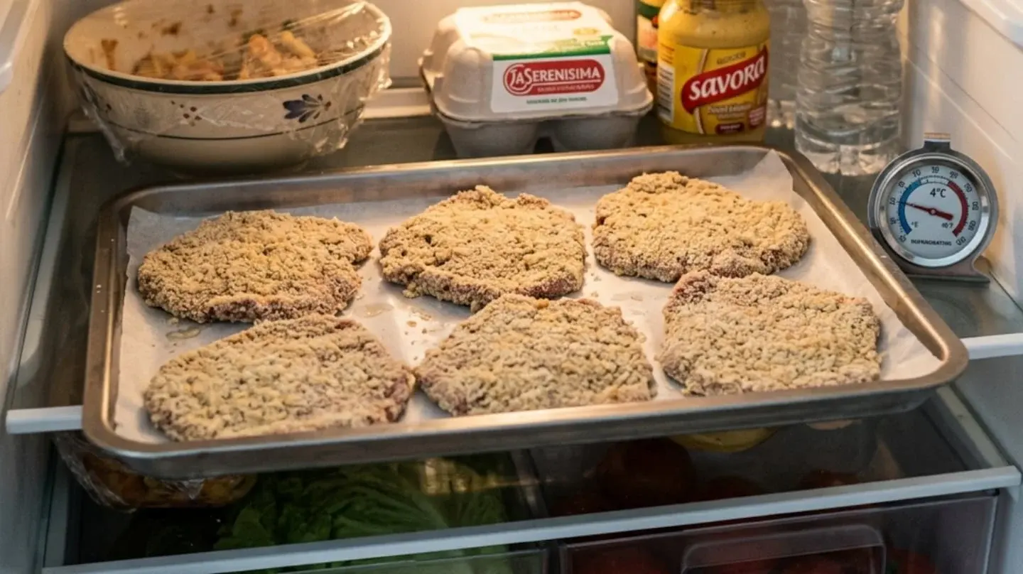 Milanesas empanizadas reposando en una bandeja dentro de la heladera