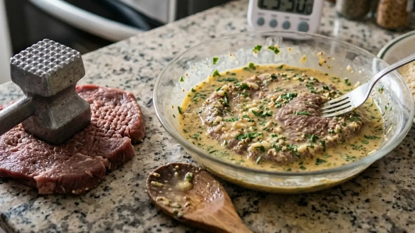 Preparación de milanesa en un plato con carne, huevo y especias junto a un martillo de cocina y un temporizador