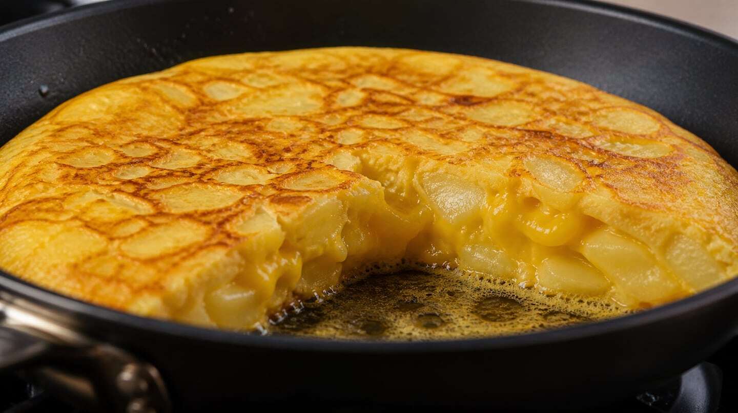 Tortilla de papas jugosa en una sartén con cebolla caramelizada