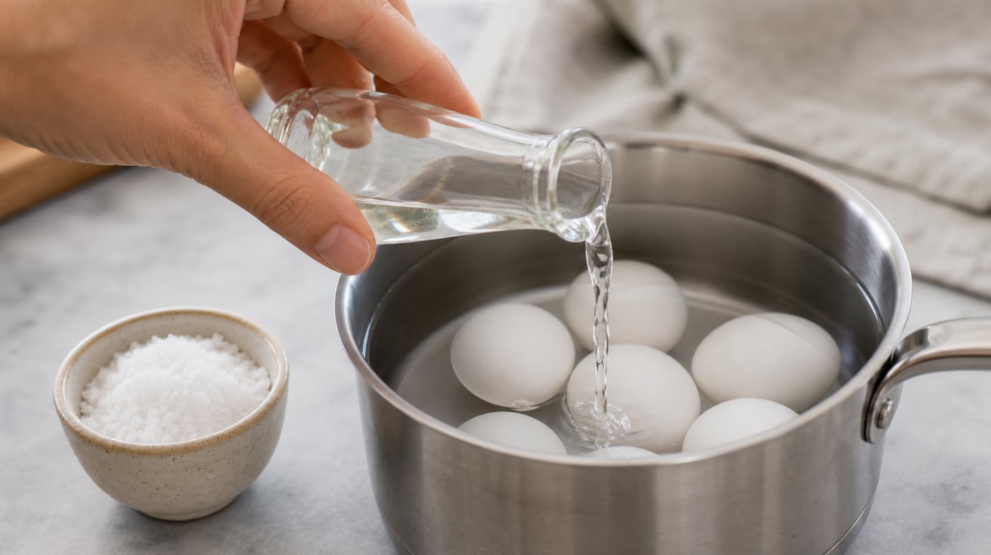 Añadiendo vinagre a una olla con huevos duros y sal