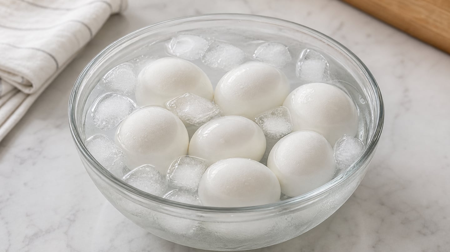 Huevos duros en un bol con hielo