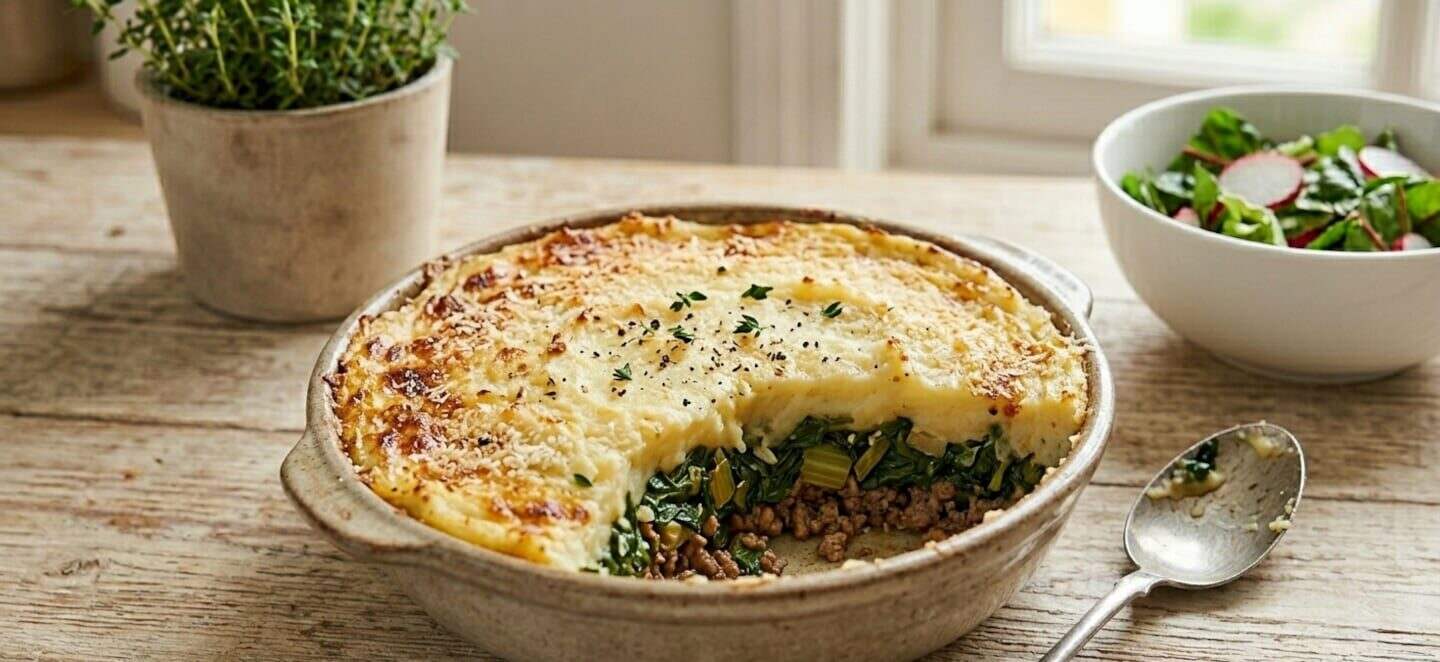 Pastel de papa con puré y carne en un plato hondo