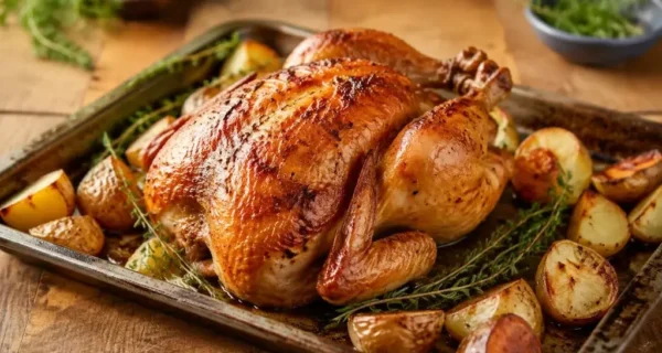 Pollo al horno jugoso preparado con sal y azúcar
