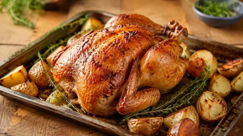 Pollo al horno jugoso preparado con sal y azúcar