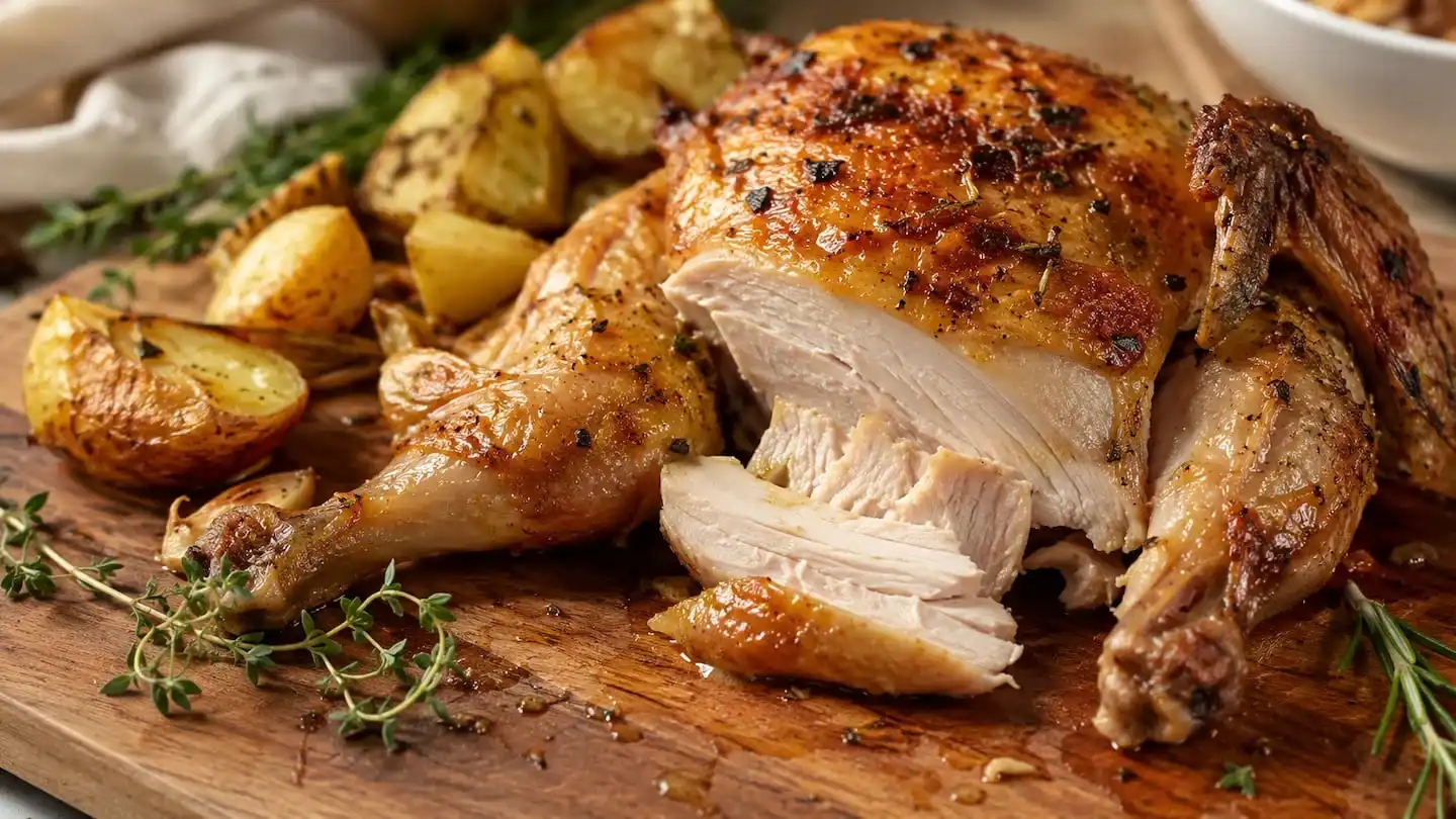 Pollo al horno jugoso acompañado de papas asadas y hierbas frescas