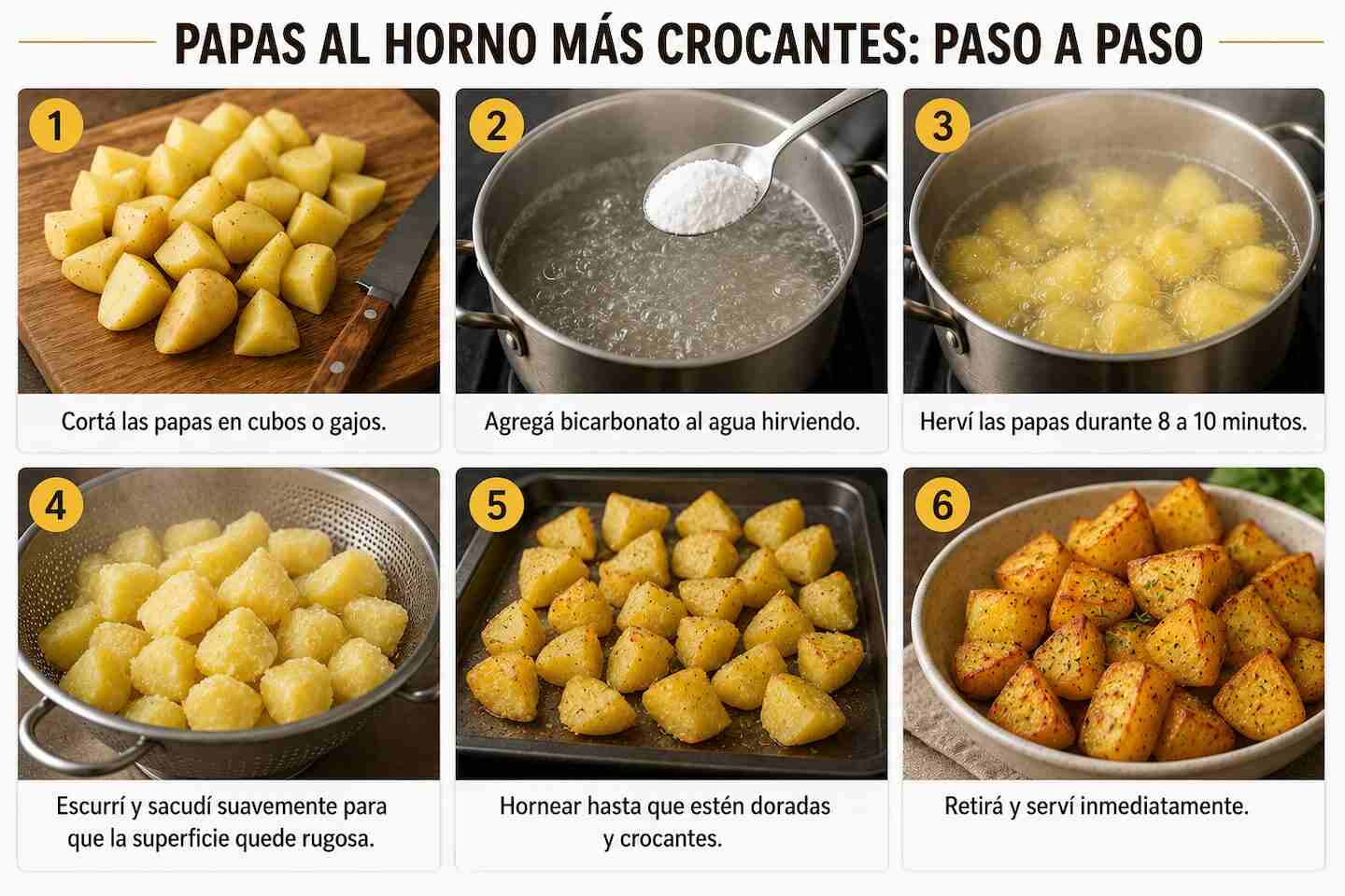 Proceso paso a paso para preparar papas al horno más crocantes sin aceite ni manteca