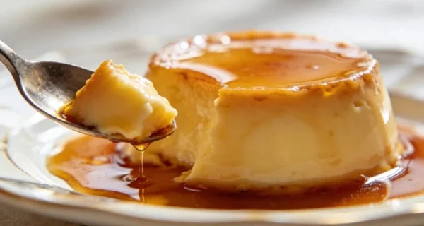 Flan casero suave en un plato con caramelo