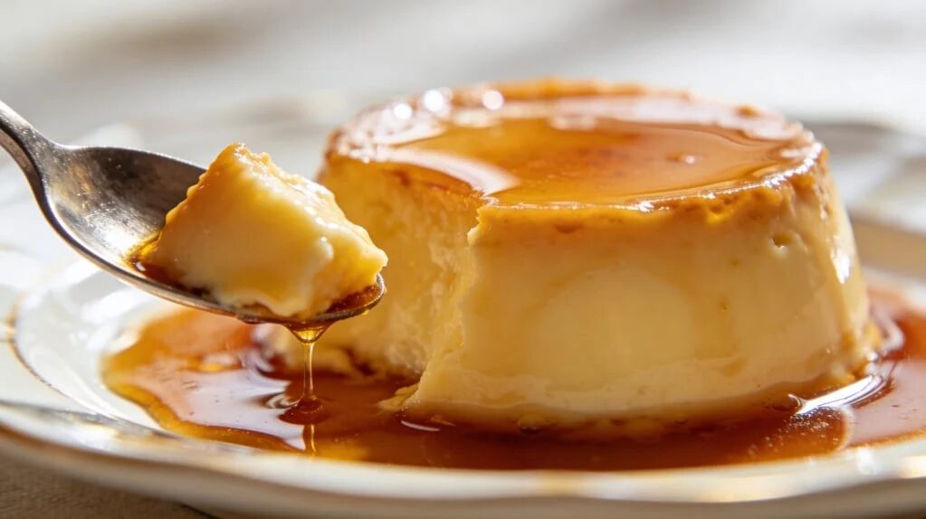 Flan casero suave en un plato con caramelo